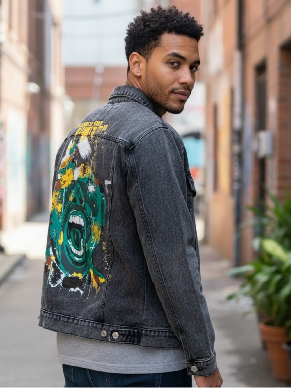 OUTFITTERS Graphic Black Denim Jean Jacket 
XL